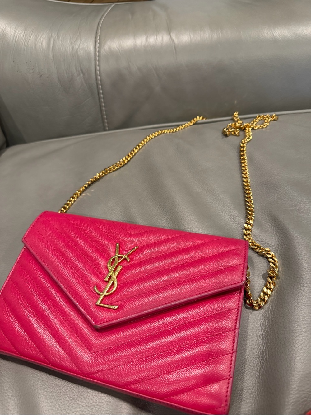 Saint Laurent Hot Pink Quilted YSL Envelope Clutch with Gold Hardware - Picture 6 of 8